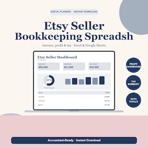 Etsy Seller Bookkeeping Spreadsheet, Shop Profit and Fee Calculator, Income Expense and Sales Tax Tracker for Google Sheets & Excel