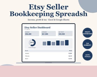 Etsy Seller Bookkeeping Spreadsheet, Shop Profit and Fee Calculator, Income Expense and Sales Tax Tracker for Google Sheets & Excel
