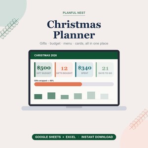 Planificador navideño, registro de regalos navideños, presupuesto, menú y lista de tarjetas para Google Sheets y Excel / Descarga instantánea imagen 2
