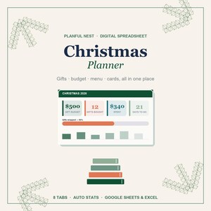 Planificador navideño, registro de regalos navideños, presupuesto, menú y lista de tarjetas para Google Sheets y Excel / Descarga instantánea imagen 1