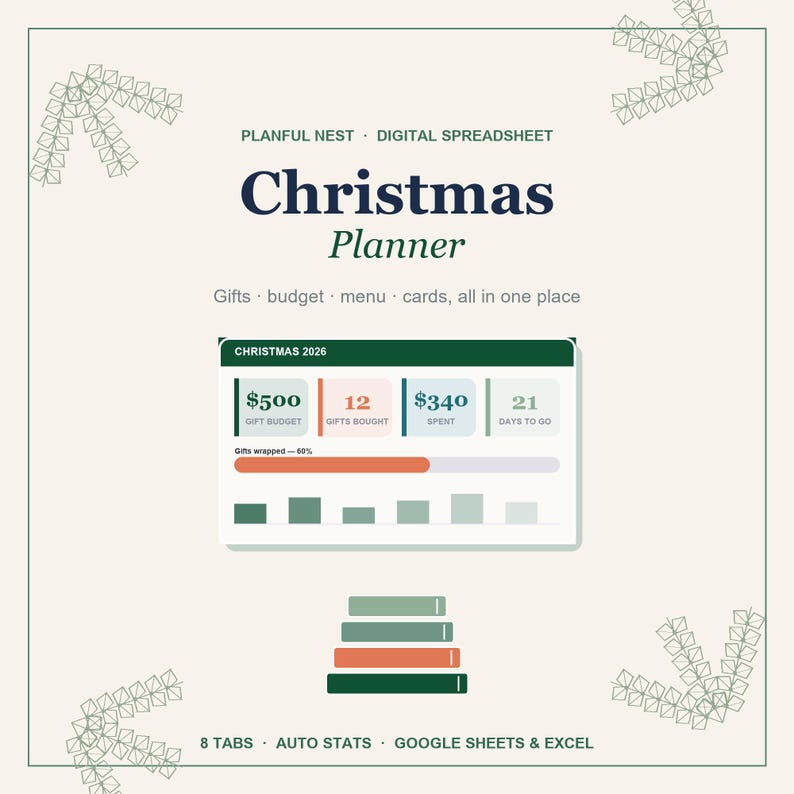 Planificador navideño, registro de regalos navideños, presupuesto, menú y lista de tarjetas para Google Sheets y Excel / Descarga instantánea imagen 1