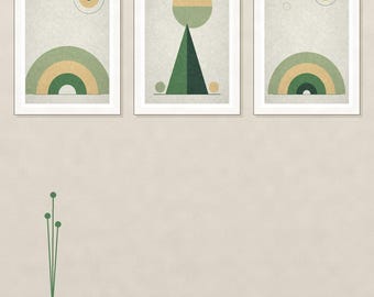 Mid-Century Bauhaus Wand Kunst 3er Set | Geometrisch bedruckbar, Salbei Grün & Marine | 5 Größen Instant Download