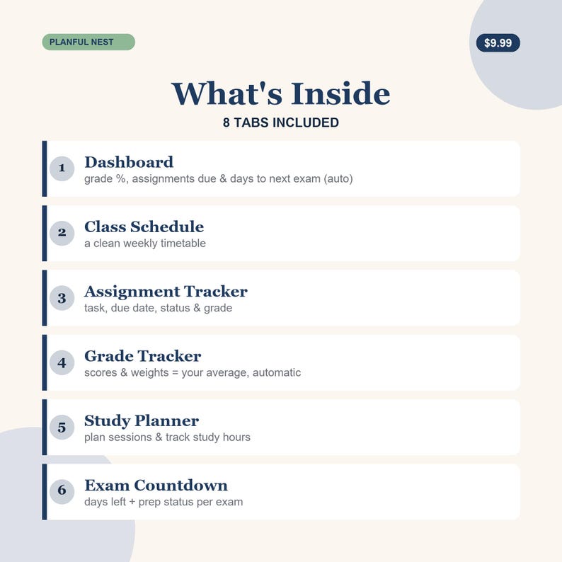 Student Planner Spreadsheet, College Grade Tracker, Assignment & Class Schedule for Google Sheets, Excel | Back to School image 3