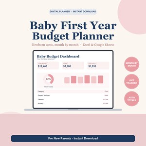 Planificador de presupuesto para el primer año del bebé (hoja de cálculo) / Seguimiento de gastos del recién nacido, lista de verificación para padres primerizos, registro de hitos y alimentación / Excel y Google Sheets