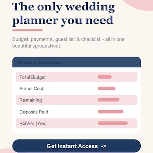 May include: A digital wedding planner spreadsheet featuring a dashboard with fields for Total Budget, Actual Cost, Remaining, Deposits Paid, and RSVPs (Yes). The text reads: JUST ENGAGED? The only wedding planner you need. Get Instant Access -> planfulnest.com