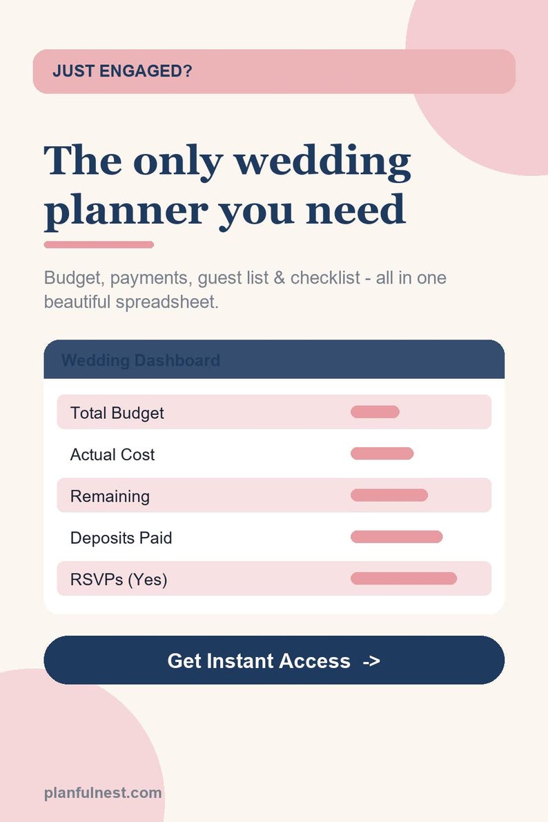 May include: A digital wedding planner spreadsheet featuring a dashboard with fields for Total Budget, Actual Cost, Remaining, Deposits Paid, and RSVPs (Yes). The text reads: JUST ENGAGED? The only wedding planner you need. Get Instant Access -> planfulnest.com