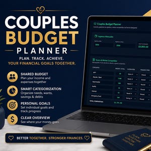 May include: A digital couples budget planner displayed on a laptop and smartphone screen. The interface features dark blue backgrounds with gold text, showing financial tables, shared income, and expense tracking. A small notebook with a gold pen sits nearby.