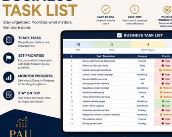Modello Excel per la lista delle attività aziendali / Pianificatore di produttività (Download immediato)