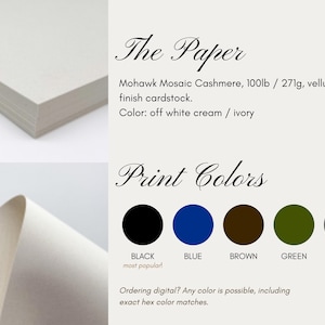 May include: A stack and a curved sheet of off-white cream Mohawk Mosaic Cashmere 100lb vellum finish cardstock. The text lists paper specifications and print colors including black, blue, brown, green, and grey circles with labels.