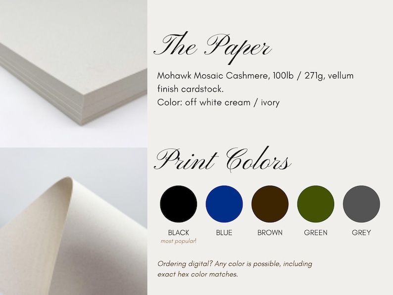 May include: A stack and a curved sheet of off-white cream Mohawk Mosaic Cashmere 100lb vellum finish cardstock. The text lists paper specifications and print colors including black, blue, brown, green, and grey circles with labels.