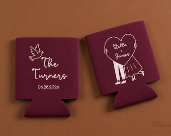 Enfriadores de latas personalizados para bodas / Diseño personalizado de garabatos, paloma, ilustración de pareja