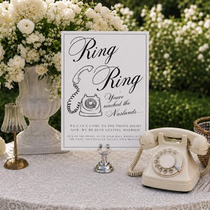 May include: A white rectangular sign with black text reading Ring Ring You've reached the Naslands... We can't come to the phone right now. We're busy getting married! Pick up the phone, leave your well wishes after the tone, then hang up.