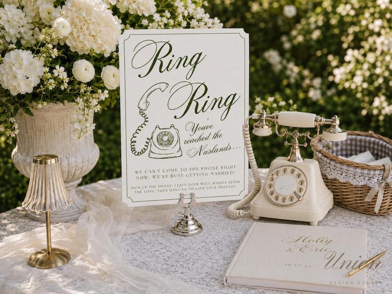 May include: A white rectangular sign with dark green text reading Ring Ring You've reached the Naslands... We can't come to the phone right now, we're busy getting married! Pick up the phone, leave your well wishes after the tone, then hang up.