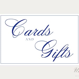 May include: A rectangular white sign with a thin blue border featuring the dark blue text Cards AND Gifts in a combination of elegant script and serif fonts. The bottom right corner displays the small grey text Union DESIGN HOUSE.