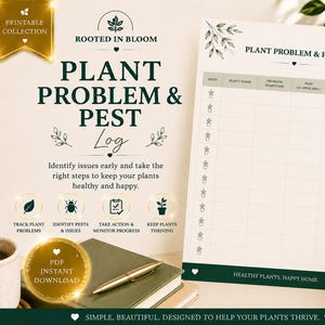 Puede incluir: Una hoja de registro imprimible para problemas y plagas de plantas con una cuadrícula para fecha, nombre de la planta, síntomas, plagas, acciones y notas. El documento incluye ilustraciones botánicas y el texto Plant Problem and Pest Log.