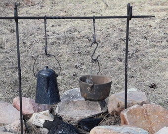 Campfire cooking irons, tripod, blacksmith made hand forged tripod or cross bar set for camp cooking over the fire