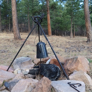 Campfire cooking irons, tripod, blacksmith made hand forged tripod or cross bar set for camp cooking over the fire image 4