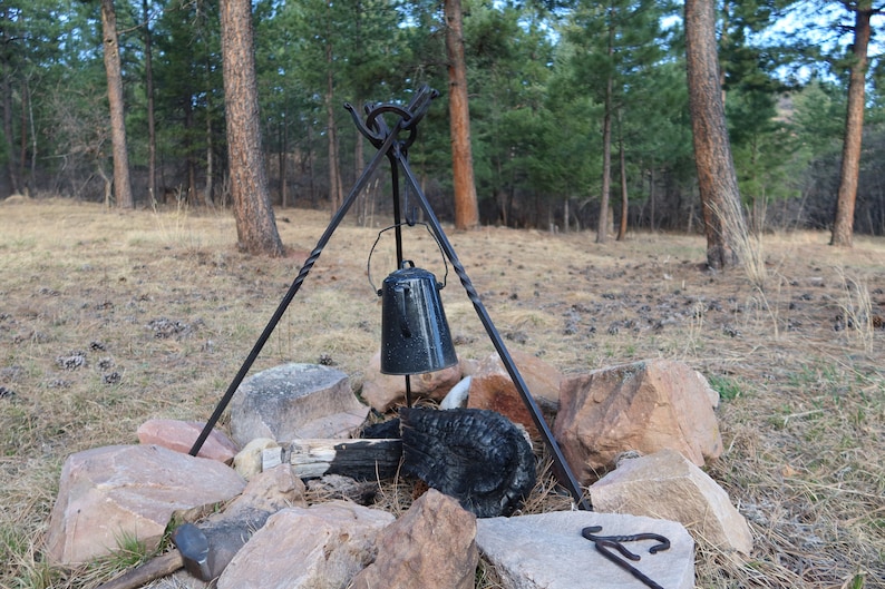 Campfire cooking irons, tripod, blacksmith made hand forged tripod or cross bar set for camp cooking over the fire image 4