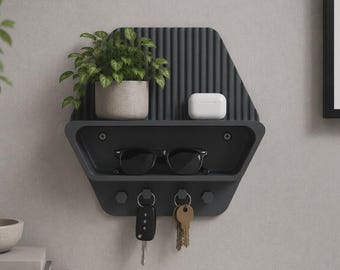 Key Holder for Wall, Entryway Floating Shelf with Hooks.