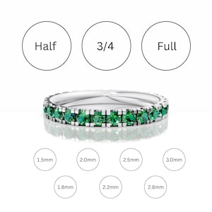 May include: A silver-toned band ring featuring a continuous row of round, vibrant green stones set in a channel setting. Above the ring, circles labeled Half, 3/4, and Full are displayed. Below, circles show measurements of 1.5mm, 1.8mm, 2.0mm, 2.2mm, 2.5mm, 2.8mm, and 3.0mm.