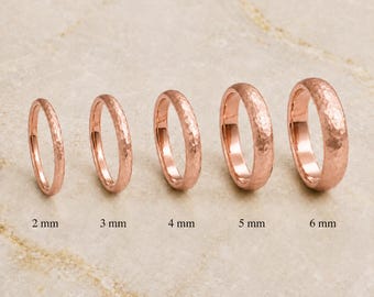 18k Solid Rose Gold Dome Hammered Polish Wedding Band, 2MM-6MM Domed Ring For Men and Women, Classic Hammered Dome Comfort Fit Wedding Band