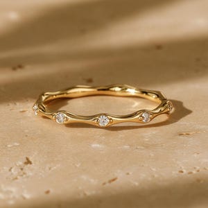 Solid Gold Wavy Diamond Ring, Dainty 1.5mm Diamond Band, Organic Wave Ring, 10K 14K 18K Gold, Minimalist Stackable Gift for Her