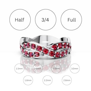 May include: A silver-toned ring featuring a crossover design set with multiple round red stones. Above the ring, circles contain the text Half, 3/4, and Full. Below the ring, circles contain the text 1.5mm, 1.8mm, 2.0mm, 2.2mm, 2.5mm, 2.8mm, and 3.0mm.