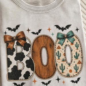 Boo Western Patchwork PNG, Cow Print Desert Halloween, Rustic Fabric Wordmark Design, Halloween Shirt PNG, Digital Download