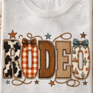 Rodeo Western Patchwork PNG, Cow Print Cactus Gingham, Rustic Fabric Wordmark Design, Western Shirt PNG, Digital Download