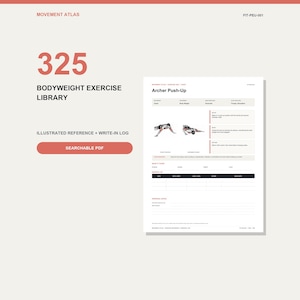 Puede incluir: Un documento digital titulado Movement Atlas 325 Bodyweight Exercise Library en formato PDF. La página muestra una guía de ejercicios Archer Push-Up con ilustraciones, texto instructivo y un registro para realizar el seguimiento del progreso.