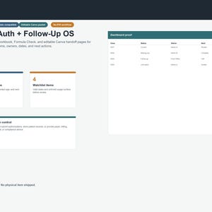 May include: A digital Prior Auth + Follow-Up OS dashboard template featuring sections for open follow-ups, watchlist items, and a dashboard proof table. The layout includes text labels for Excel and Google Sheets compatibility and admin control.