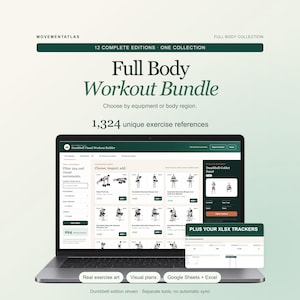 Paquete de seguimiento de entrenamiento de cuerpo completo, planificadores de Google Sheets y Excel con creadores de ejercicios visuales.
