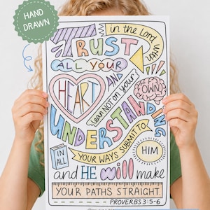 Peut inclure: Une page de coloriage dessinée à la main présentant le verset biblique Proverbes 3:5-6 avec le texte : TRUST IN THE LORD WITH ALL YOUR HEART AND LEAN NOT ON YOUR OWN UNDERSTANDING IN ALL YOUR WAYS SUBMIT TO HIM AND HE WILL MAKE YOUR PATHS STRAIGHT.