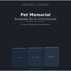 Op de afbeelding: Een donkerblauw digitaal downloadbaar PDF-bestand getiteld Pet Memorial Keepsake Kit & Grief Journal, een werkboek van 35 pagina's over huisdierverlies. De lay-out toont drie rechthoekige secties met de labels Cover, Daily Pages en Worksheets.
