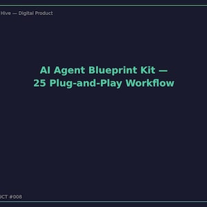 May include: A dark navy digital product graphic featuring the light green text Ultron Hive — Digital Product at the top, AI Agent Blueprint Kit — 25 Plug-and-Play Workflow in the center, and PRODUCT #008 and Mockup 1/5 at the bottom corners.