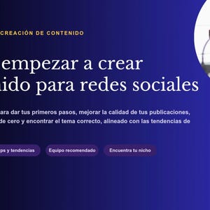 Puede incluir: Una guía digital titulada Guía Práctica Creación de Contenido Cómo empezar a crear contenido para redes sociales que muestra a una persona señalando un smartphone en un aro de luz, con botones para Primeros pasos, Tips y tendencias, Equipo recomendado, Encuentra tu nicho y el texto Edición 2026.