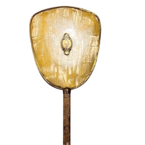 Vintage gold hand held mirror, Hollywood Regency gold vanity table mirror, antique dressing table mirror