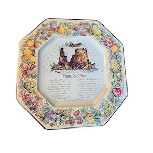 Vintage floral and vegetable metal tray with Plum Pudding Recipe, Avon 1982, Kitchen Wall Decor, Metal Kitchen Wall art