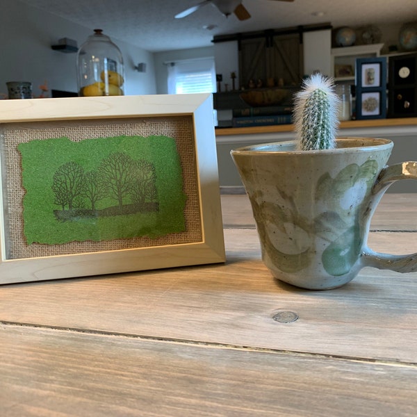 Housewarming gift vintage stoneware coffee mug or planter and framed hand stamped tree green color scheme