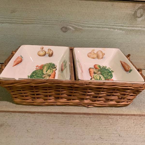 Vintage  Divided Basket with 2 Porcelain Trays Mushroom or Vegetable Motif Divided Condiment set