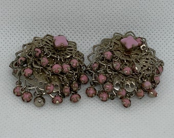 Vintage Lavender Bead Clip On Earrings Lavender Beaded Silver Earrings Midcentury Earrings