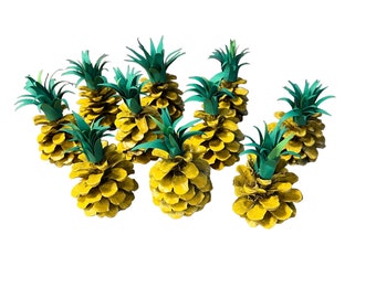Pinecones turned into pineapple table decorations, handmade pineapple tabletop decor, party decor, pineapple theme, Luau theme, Hawaiian