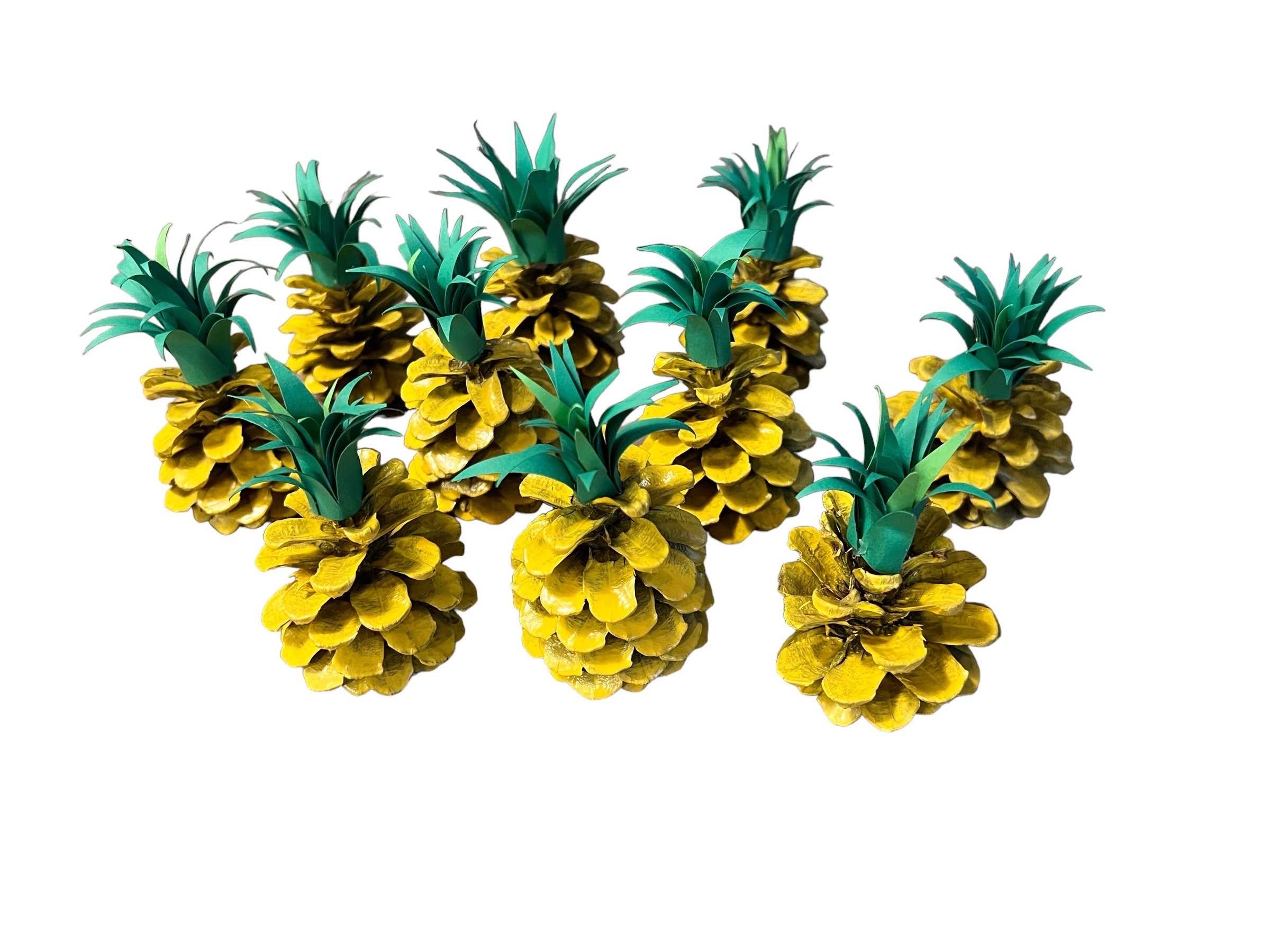 Pinecones turned into pineapple table decorations handmade pineapple tabletop decor party decor pineapple theme Luau theme
