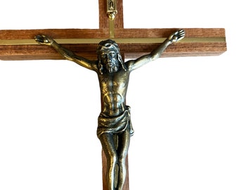 Vintage wooden cross with Jesus, Wall crucifix, Christ on the cross 10" Jesus is brass