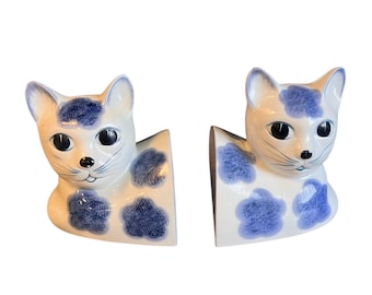 Vintage Ceramic Cat Head Book Ends, Porcelain Cat Book Ends, Blue and white Book Ends, French Country, Cat Lover