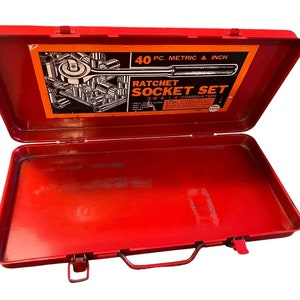 Vintage Red Industrial metal Box, Craft Box, office storage, industrial storage, old socket set metal storage case