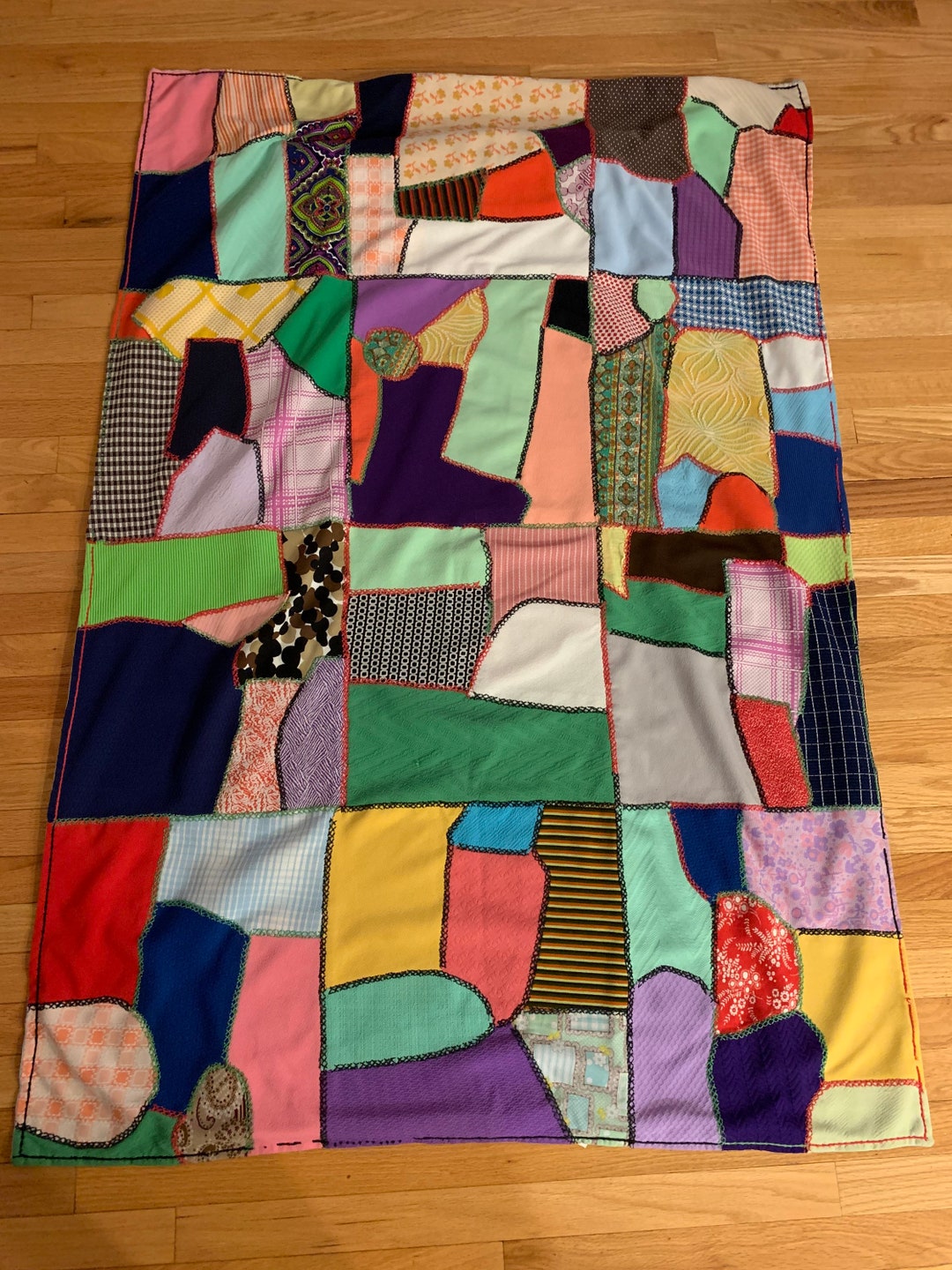 Vintage Crazy Quilt Hand Stitched Polyester Quilt Double Sided Quilt 60