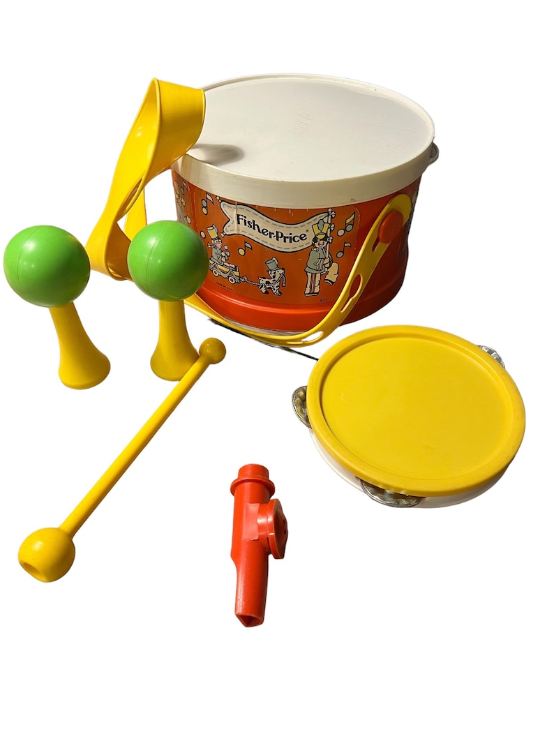 1979 Fisher Price Marching Band Drum With Neck Strap, Tambourine