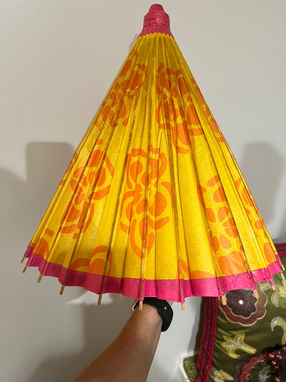 Vintage Rice Paper Bamboo Parasol Umbrella colorf… - image 6