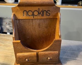 Vintage Wooden Napkin Holder Wall Mount or Freestanding Farmhouse Kitchen Organizer Rustic Wood Napkin Caddy